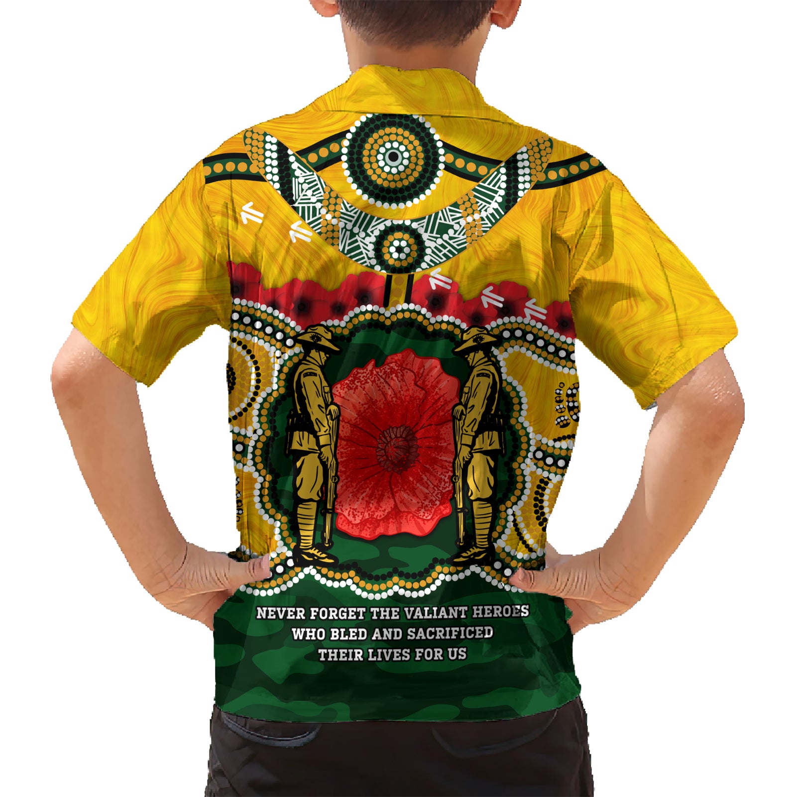 Matildas ANZAC Day 2024 Family Matching Short Sleeve Bodycon Dress and Hawaiian Shirt Australian Army We Will Remember Them Aboriginal Art