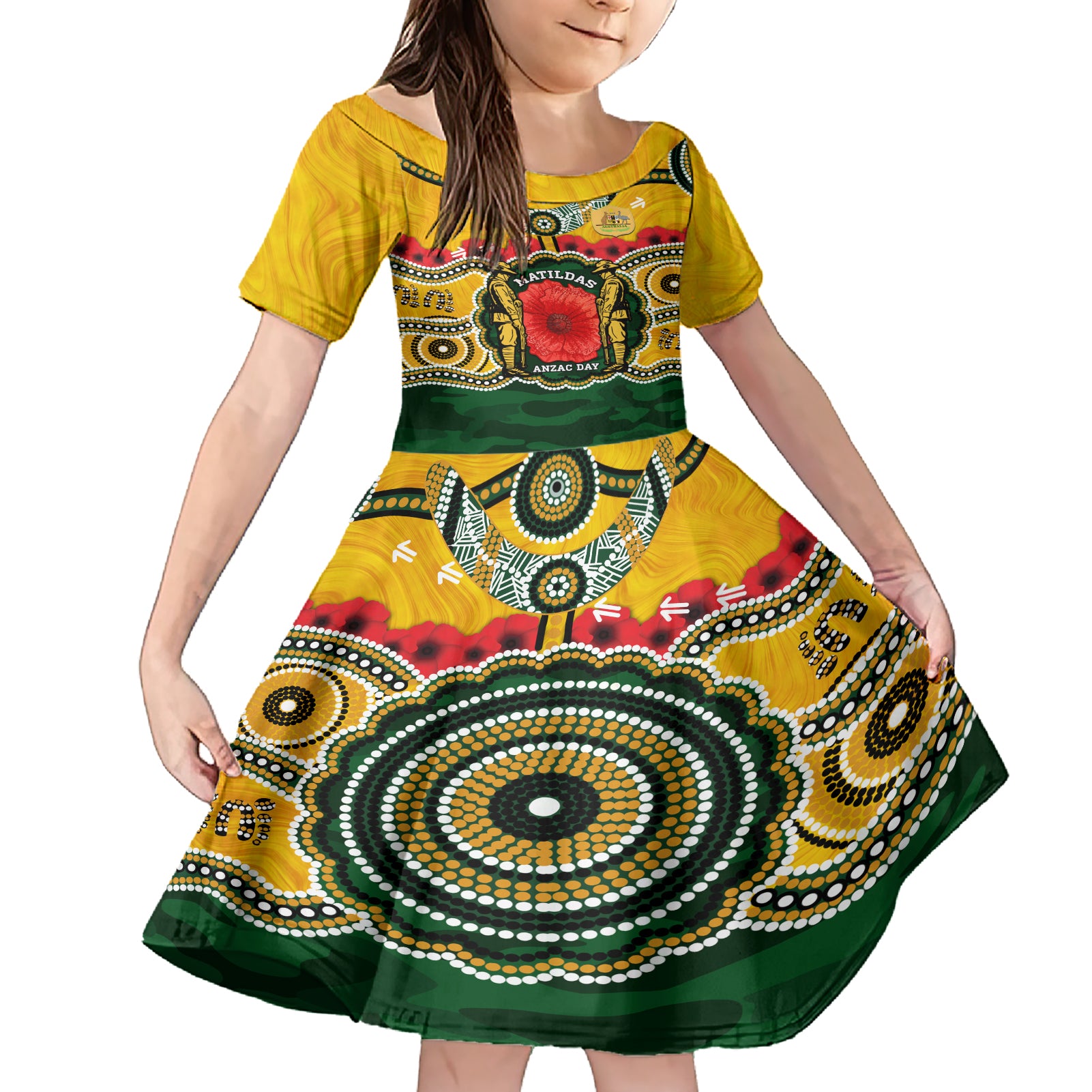 Matildas ANZAC Day 2024 Family Matching Short Sleeve Bodycon Dress and Hawaiian Shirt Australian Army We Will Remember Them Aboriginal Art