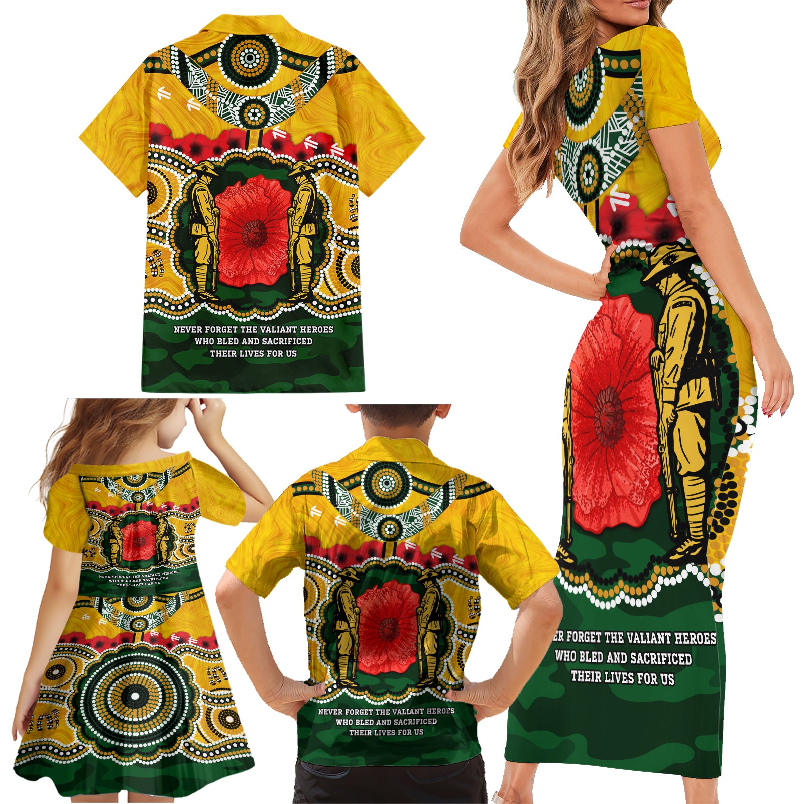 Matildas ANZAC Day 2024 Family Matching Short Sleeve Bodycon Dress and Hawaiian Shirt Australian Army We Will Remember Them Aboriginal Art