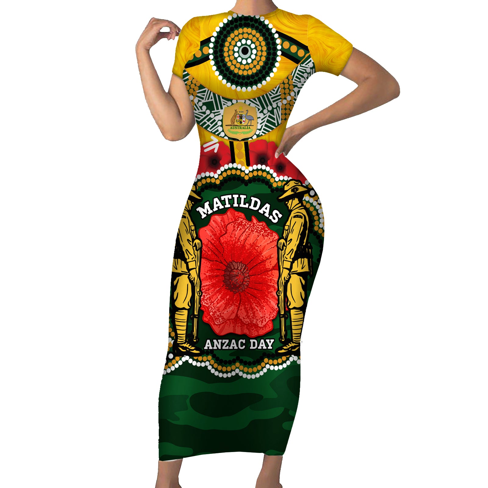 Matildas ANZAC Day 2024 Family Matching Short Sleeve Bodycon Dress and Hawaiian Shirt Australian Army We Will Remember Them Aboriginal Art