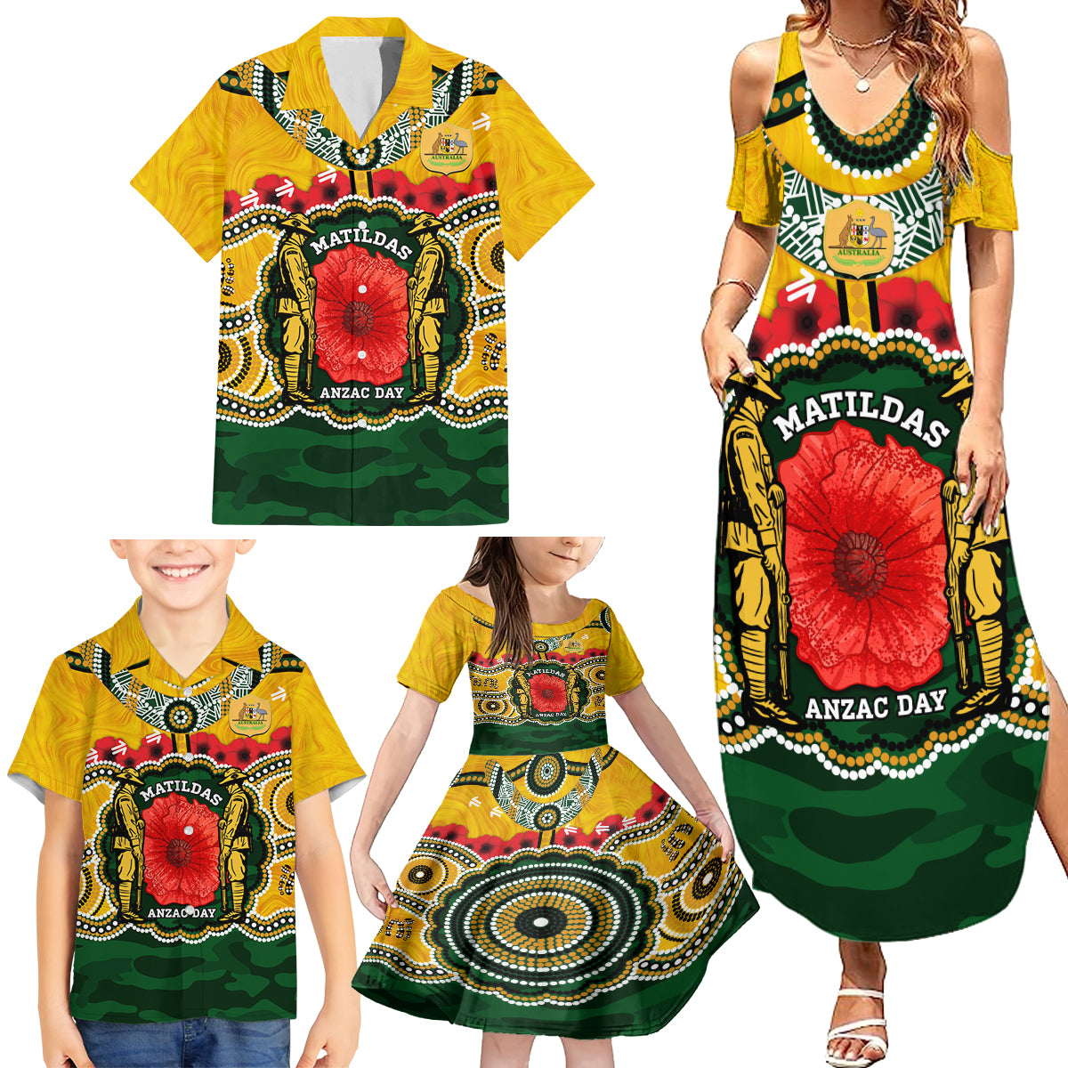 Matildas ANZAC Day 2024 Family Matching Summer Maxi Dress and Hawaiian Shirt Australian Army We Will Remember Them Aboriginal Art