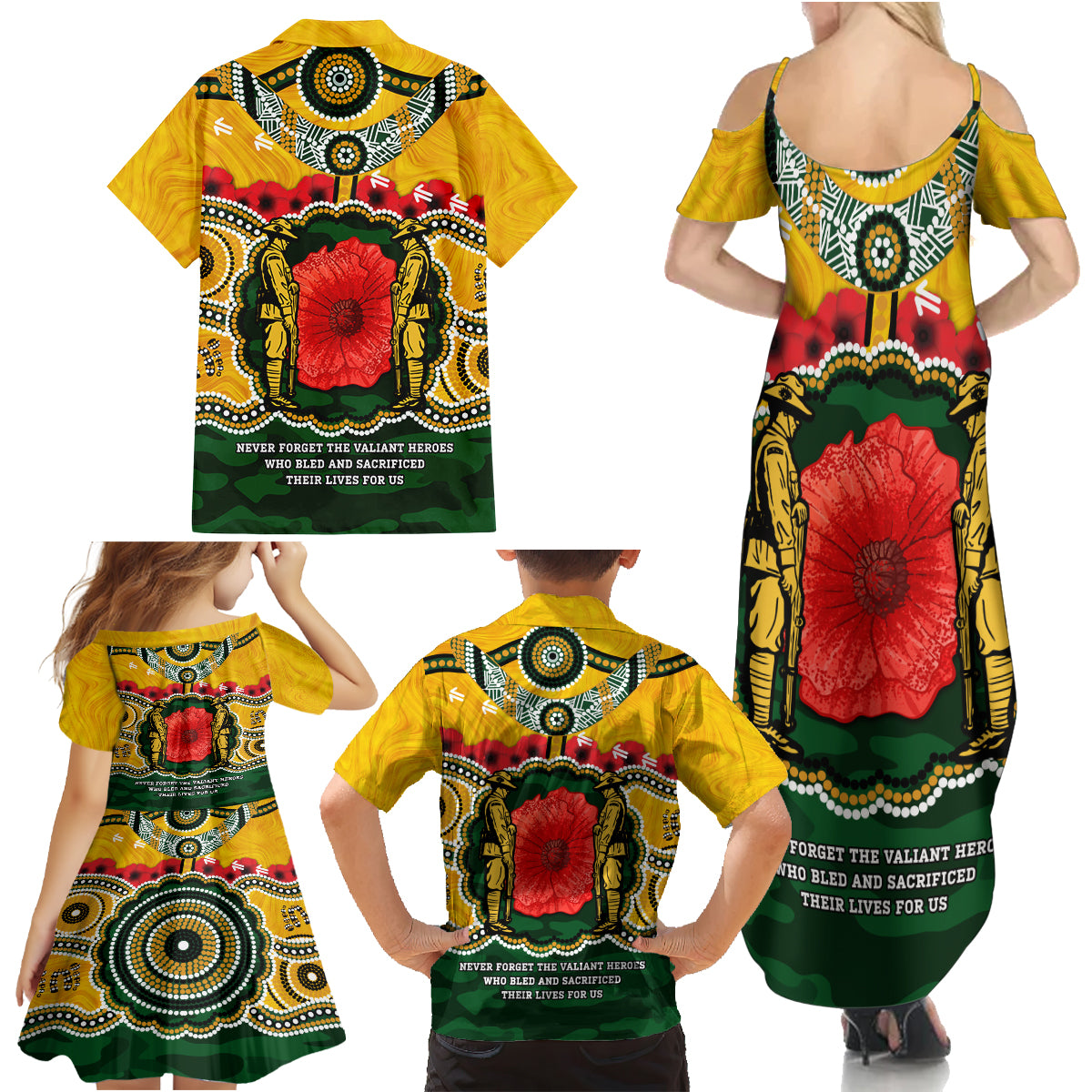 Matildas ANZAC Day 2024 Family Matching Summer Maxi Dress and Hawaiian Shirt Australian Army We Will Remember Them Aboriginal Art