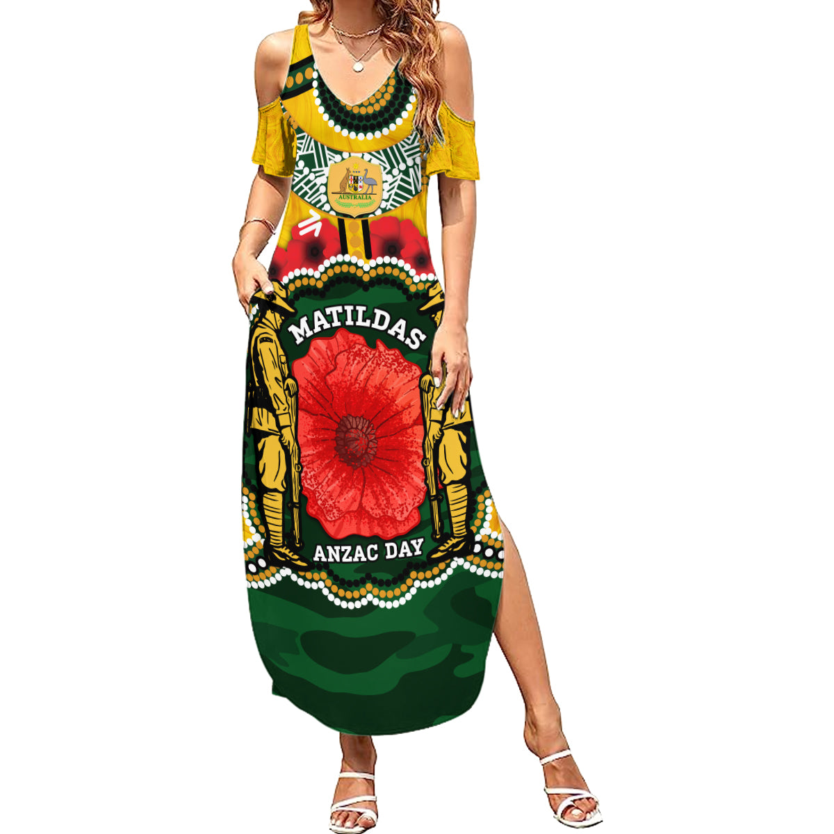 Matildas ANZAC Day 2024 Family Matching Summer Maxi Dress and Hawaiian Shirt Australian Army We Will Remember Them Aboriginal Art