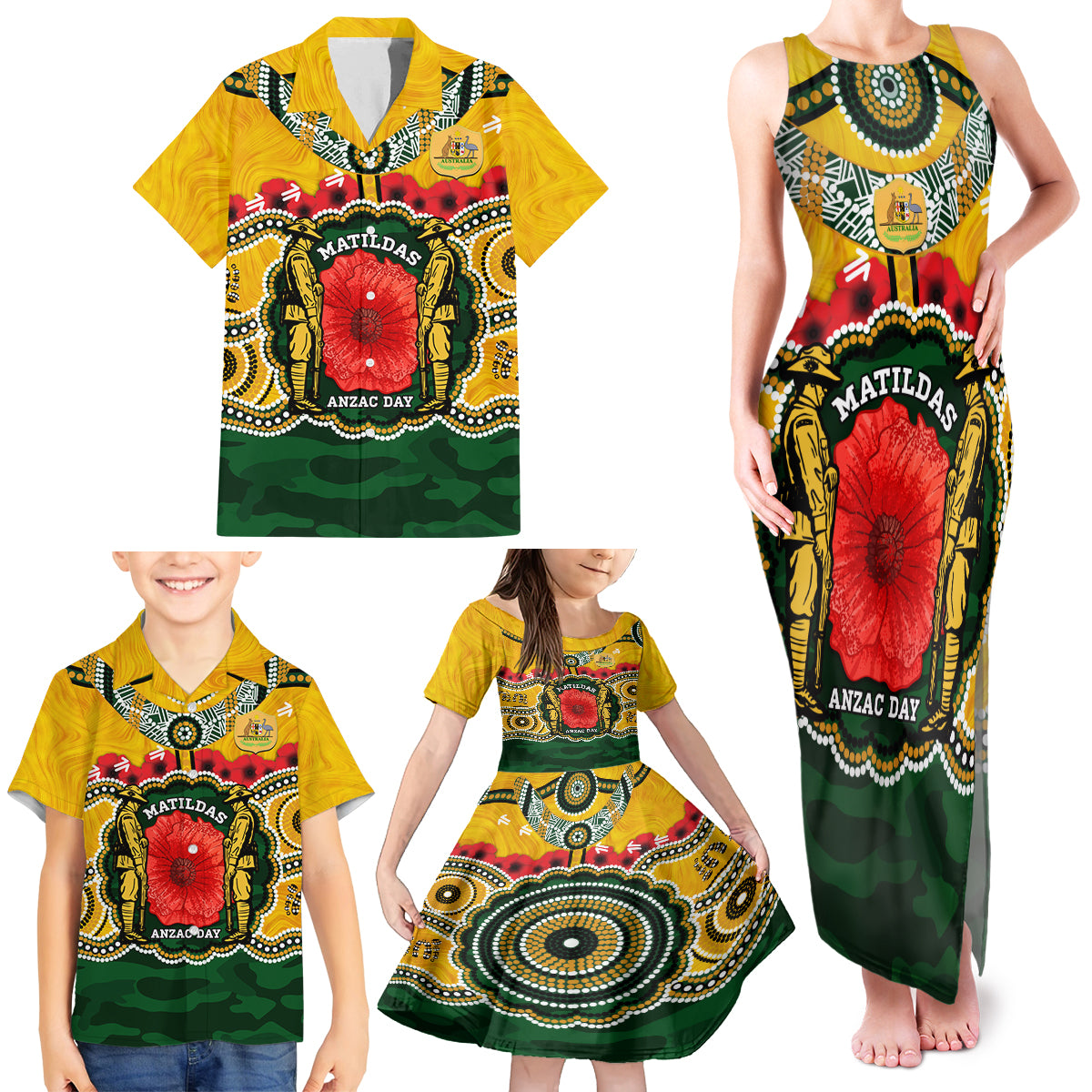 Matildas ANZAC Day 2024 Family Matching Tank Maxi Dress and Hawaiian Shirt Australian Army We Will Remember Them Aboriginal Art