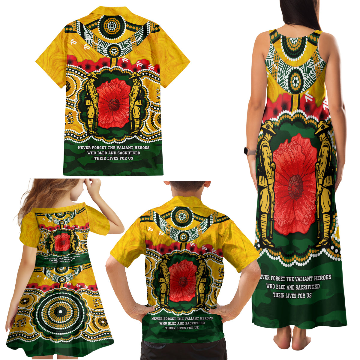 Matildas ANZAC Day 2024 Family Matching Tank Maxi Dress and Hawaiian Shirt Australian Army We Will Remember Them Aboriginal Art