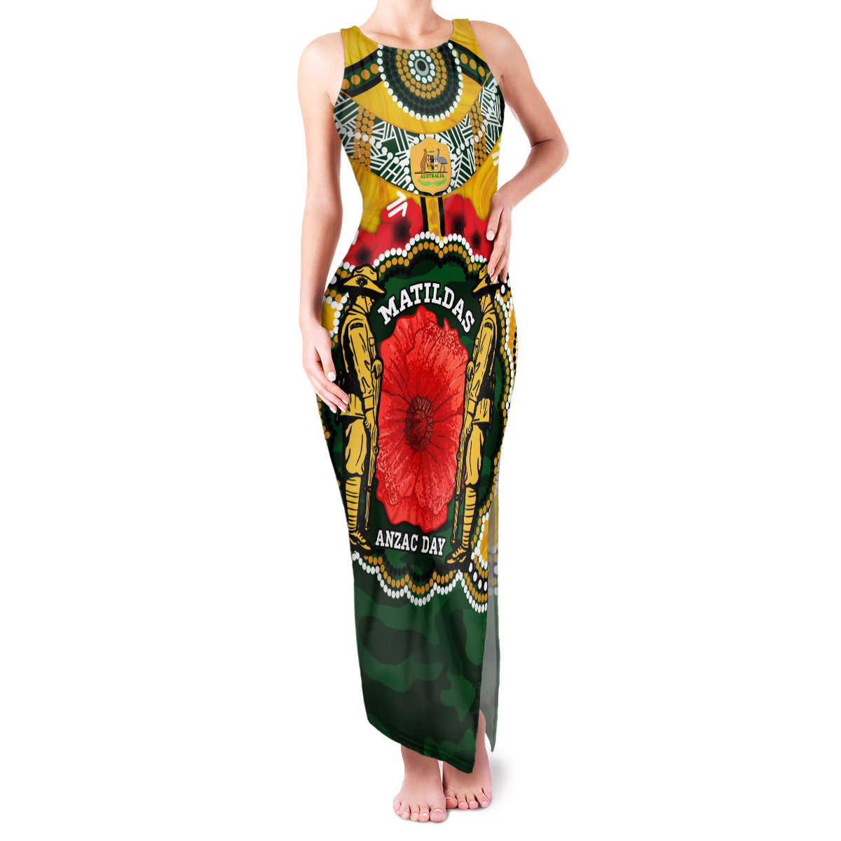 Matildas ANZAC Day 2024 Family Matching Tank Maxi Dress and Hawaiian Shirt Australian Army We Will Remember Them Aboriginal Art