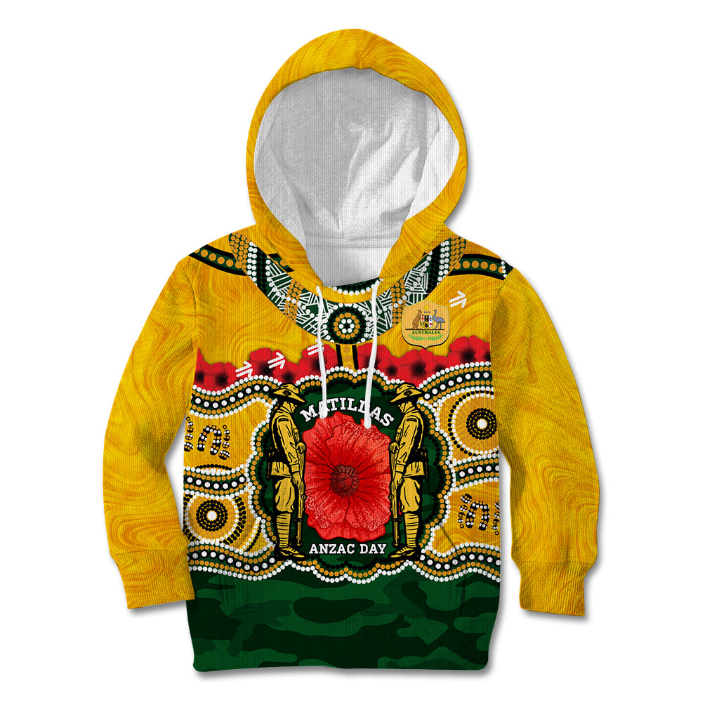 Matildas ANZAC Day 2024 Kid Hoodie Australian Army We Will Remember Them Aboriginal Art