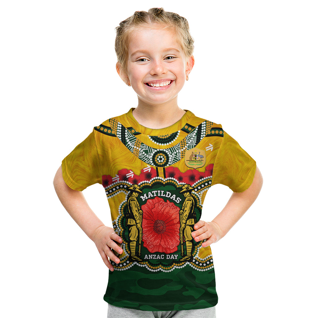 Matildas ANZAC Day 2024 Kid T Shirt Australian Army We Will Remember Them Aboriginal Art