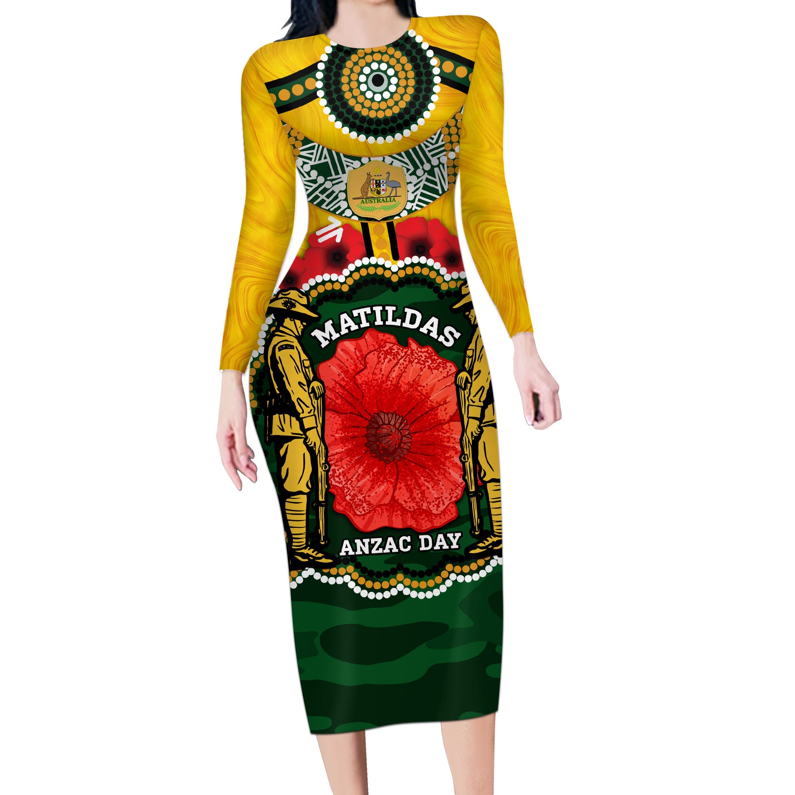 Matildas ANZAC Day 2024 Long Sleeve Bodycon Dress Australian Army We Will Remember Them Aboriginal Art