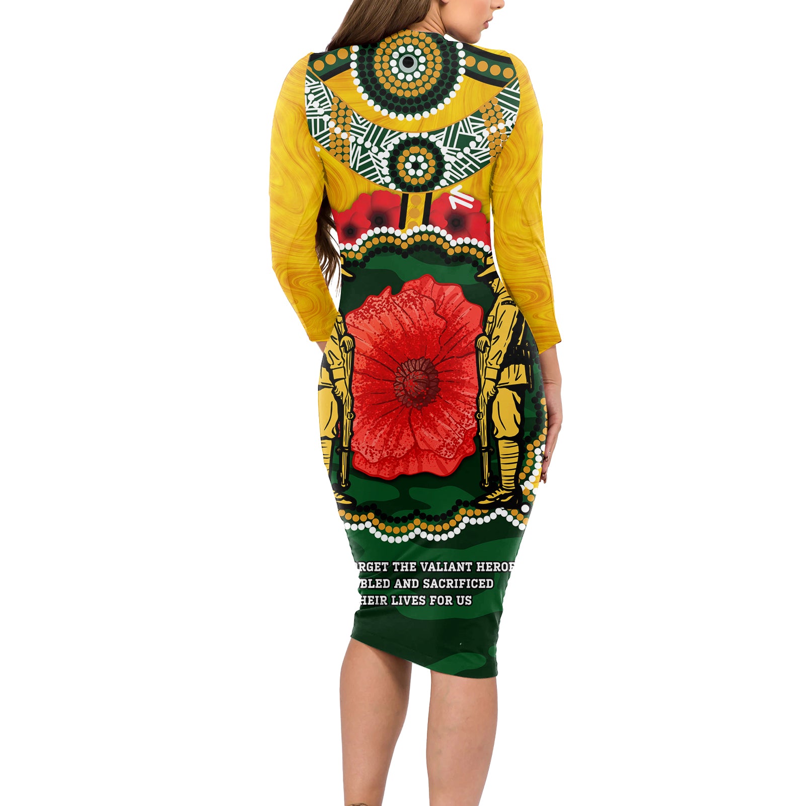 Matildas ANZAC Day 2024 Long Sleeve Bodycon Dress Australian Army We Will Remember Them Aboriginal Art