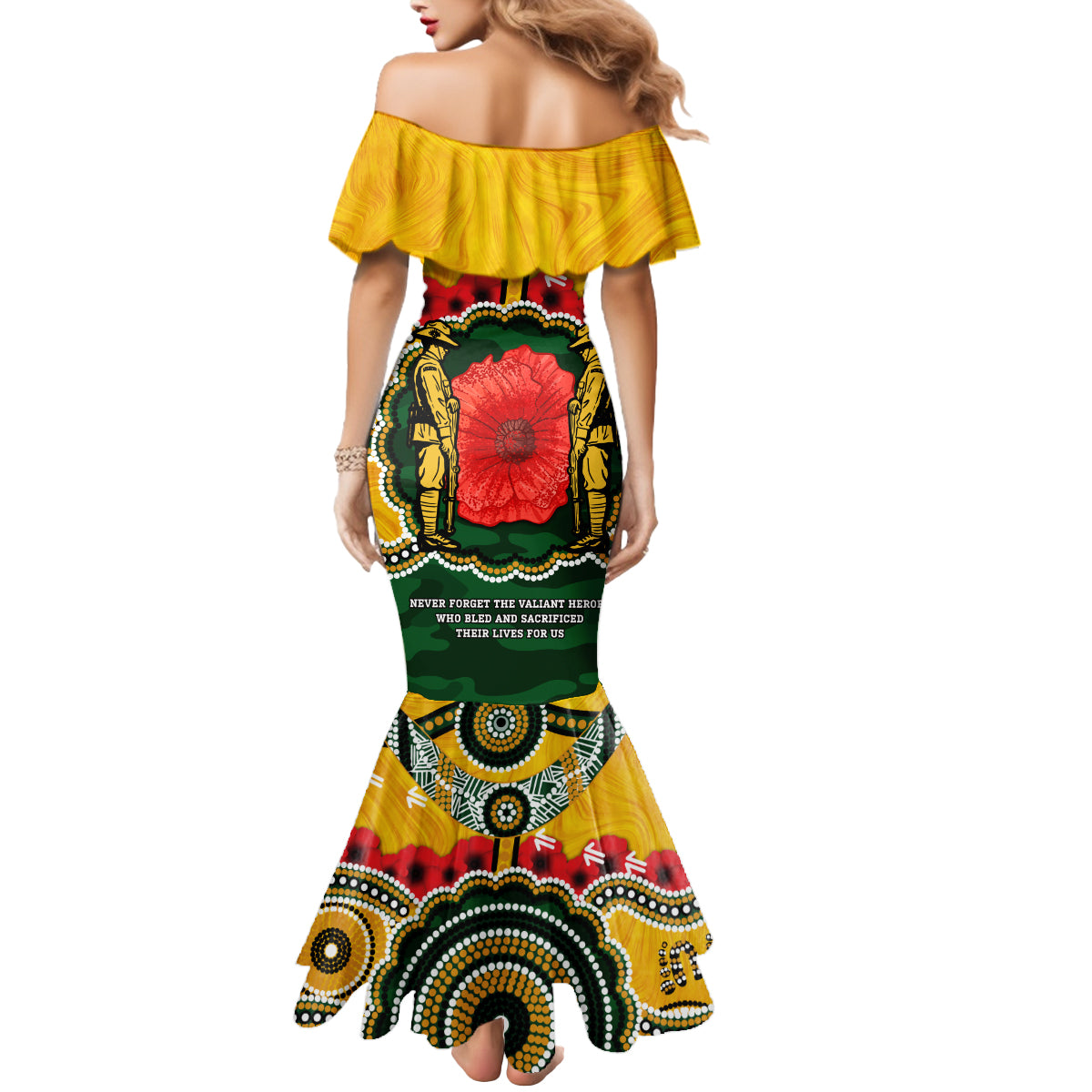 Matildas ANZAC Day 2024 Mermaid Dress Australian Army We Will Remember Them Aboriginal Art