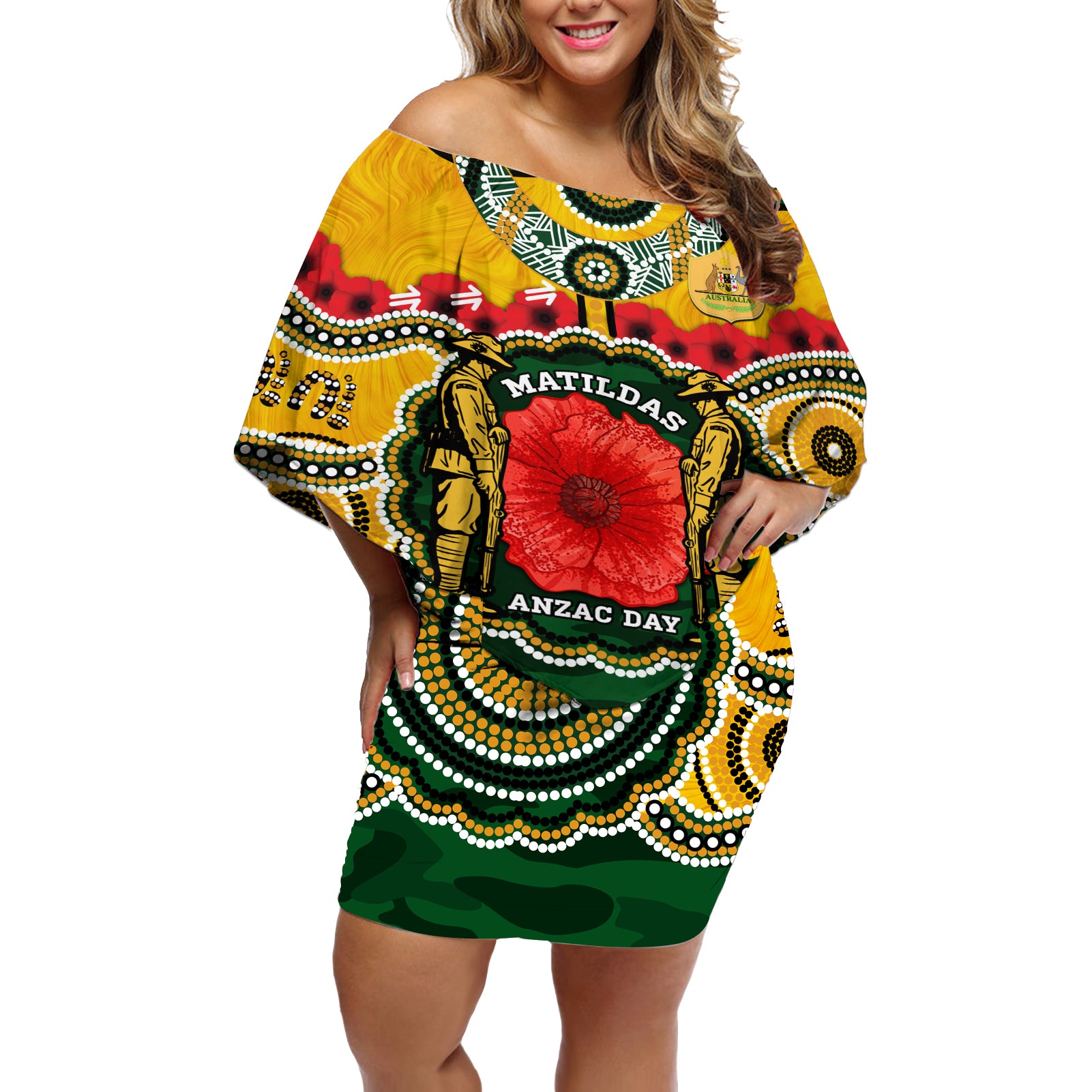 Matildas ANZAC Day 2024 Off Shoulder Short Dress Australian Army We Will Remember Them Aboriginal Art