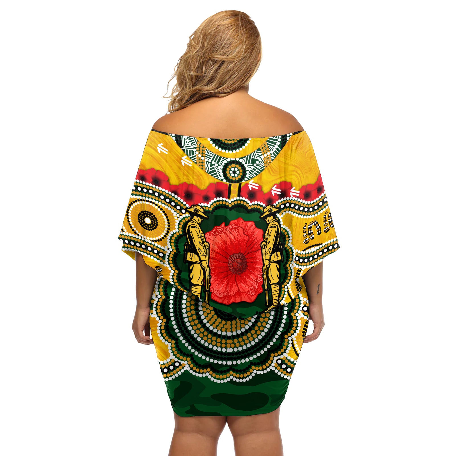 Matildas ANZAC Day 2024 Off Shoulder Short Dress Australian Army We Will Remember Them Aboriginal Art