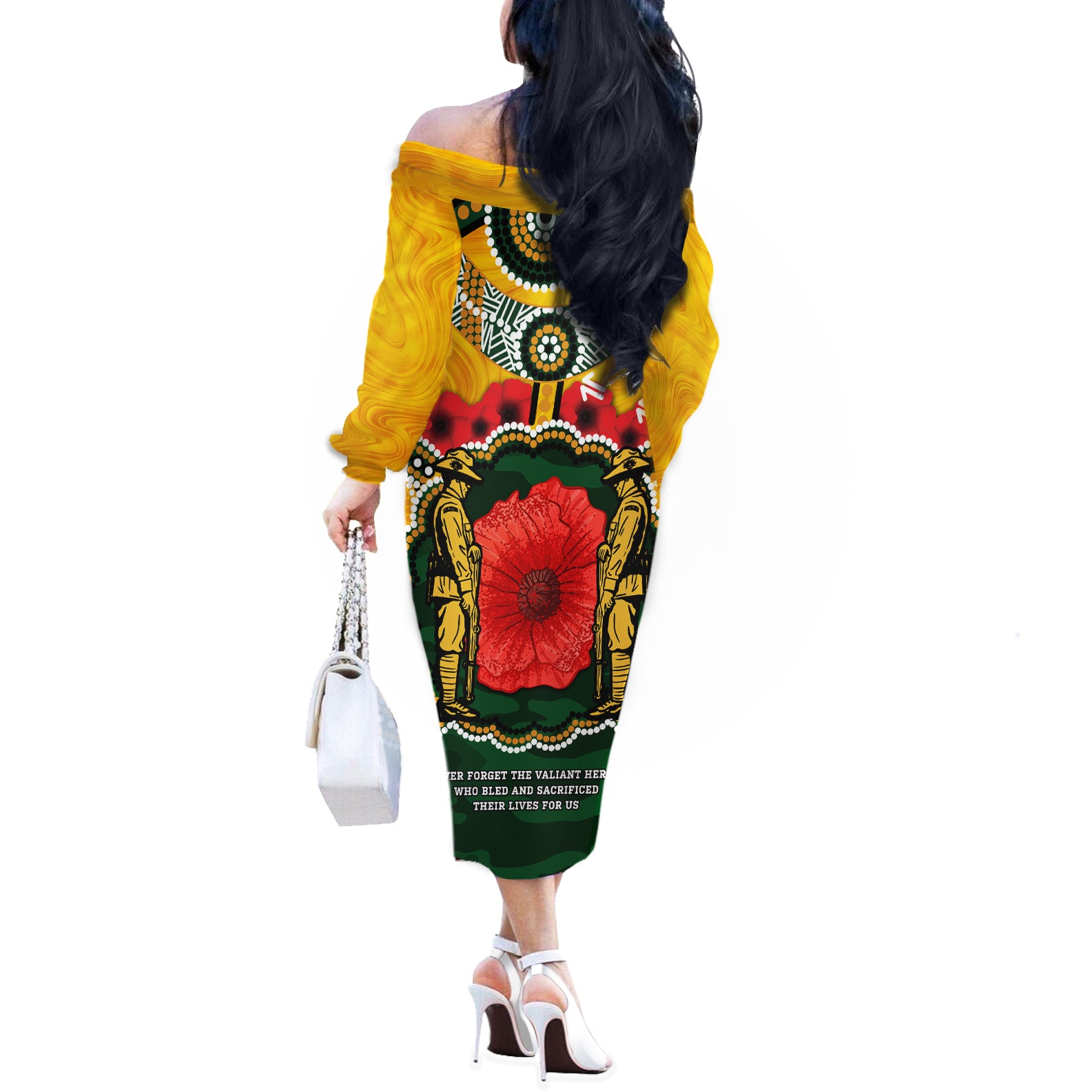 Matildas ANZAC Day 2024 Off The Shoulder Long Sleeve Dress Australian Army We Will Remember Them Aboriginal Art