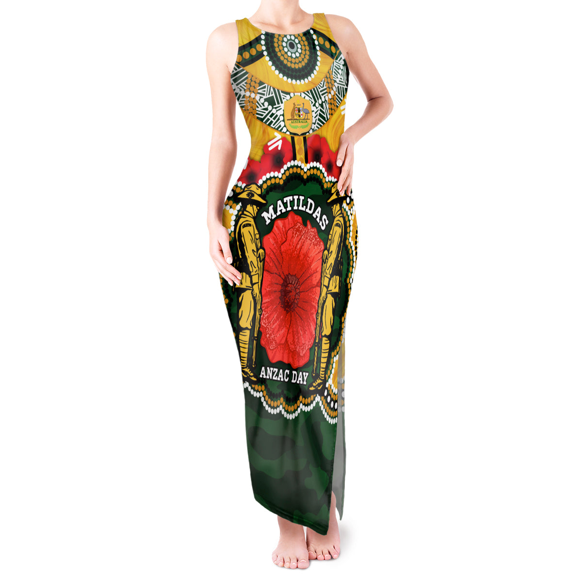 Matildas ANZAC Day 2024 Tank Maxi Dress Australian Army We Will Remember Them Aboriginal Art