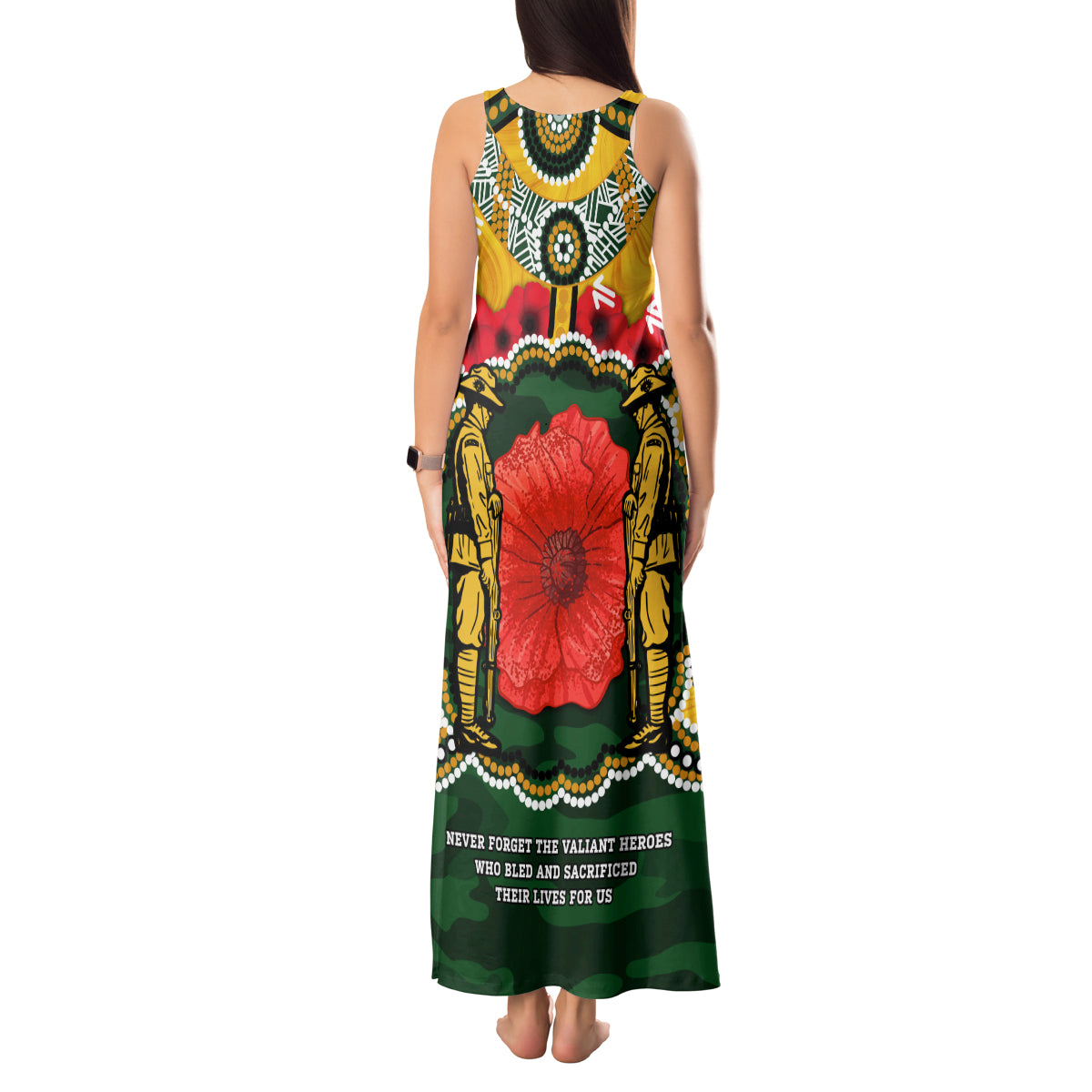 Matildas ANZAC Day 2024 Tank Maxi Dress Australian Army We Will Remember Them Aboriginal Art