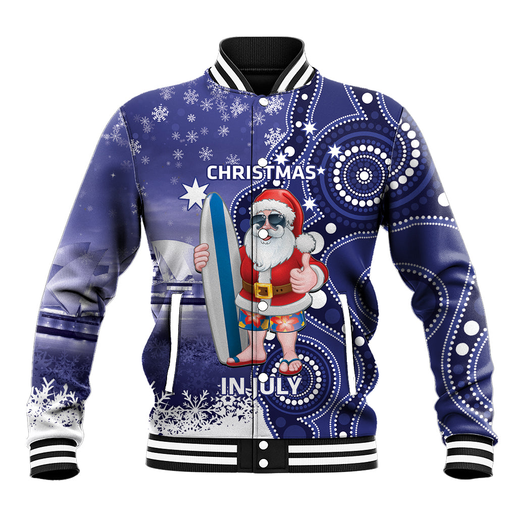 Christmas In July Australia Baseball Jacket Santa Surfboard Sydney Opera House - Blue