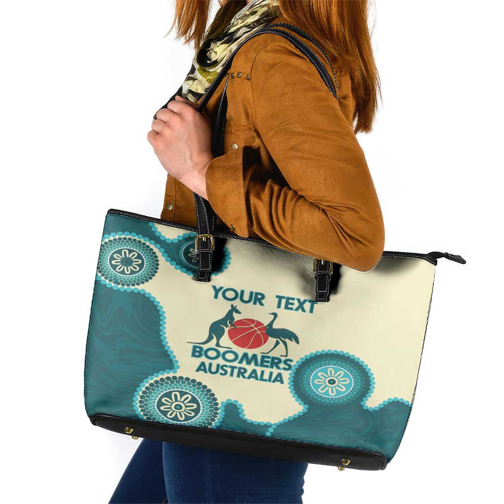 Custom Australia Boomers Leather Tote Bag Aboriginal With Marble Pattern - Cyan