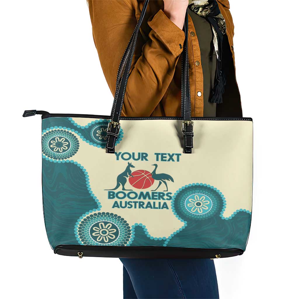 Custom Australia Boomers Leather Tote Bag Aboriginal With Marble Pattern - Cyan