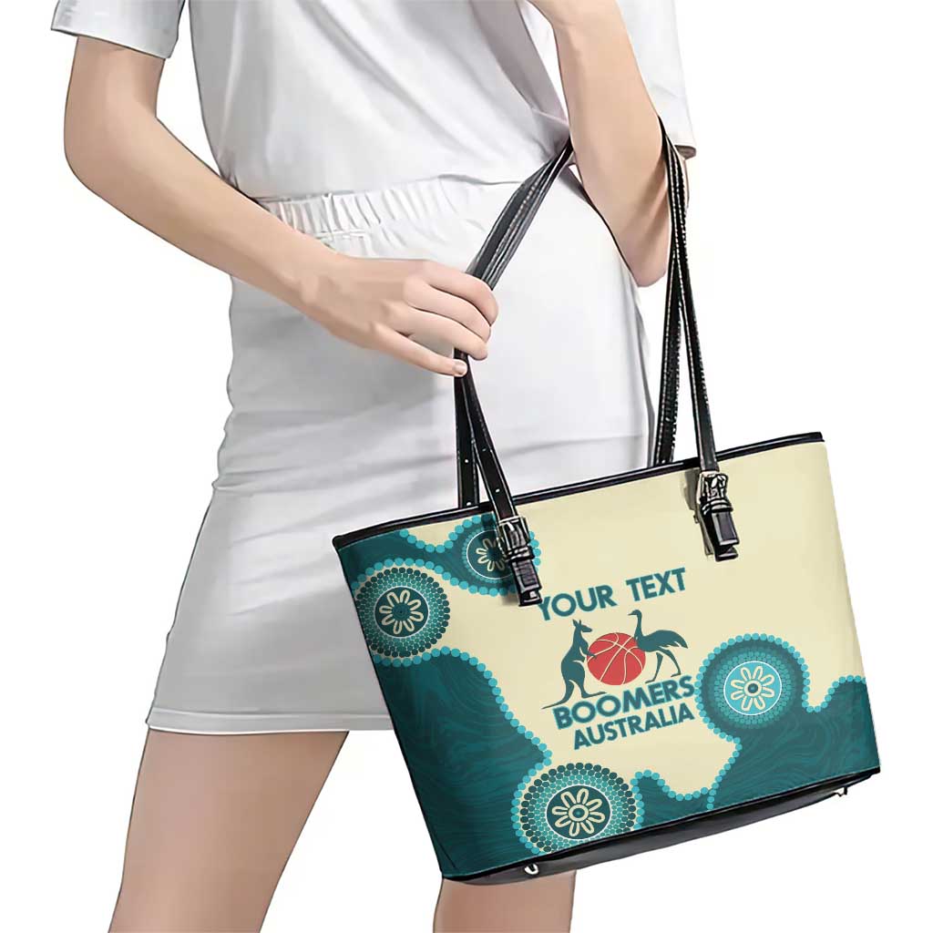 Custom Australia Boomers Leather Tote Bag Aboriginal With Marble Pattern - Cyan