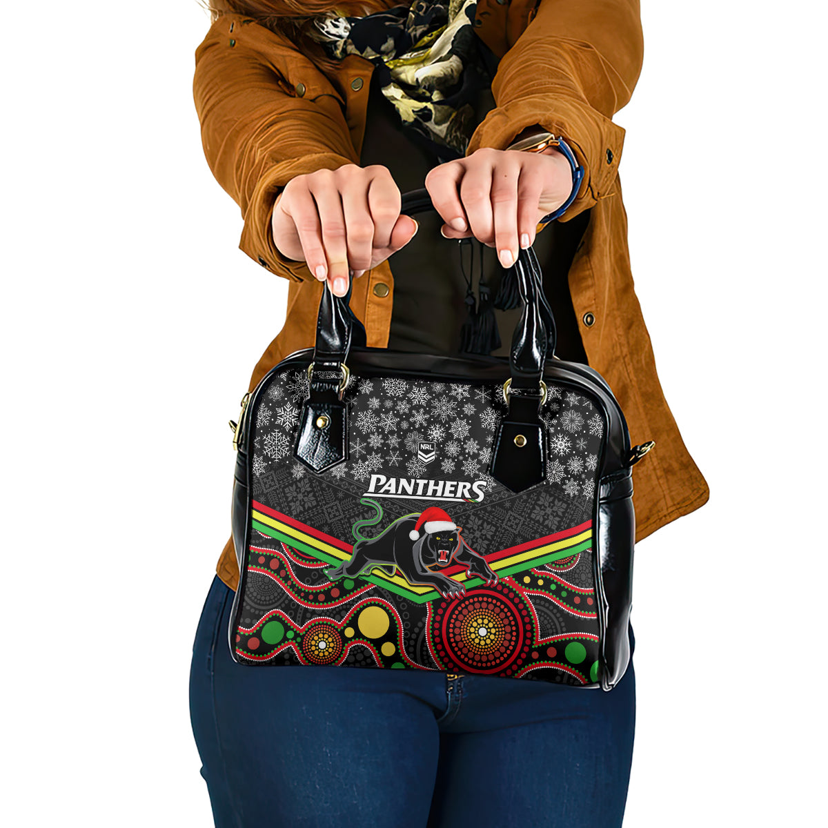 custom-panthers-rugby-christmas-shoulder-handbag-merry-xmas-2023-mix-aboriginal-art-black-version