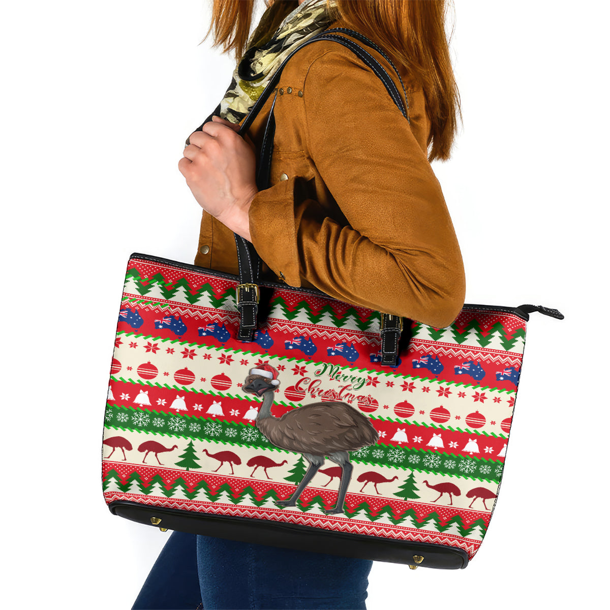 australia-christmas-leather-tote-bag-aussie-emu-santa-merry-xmas