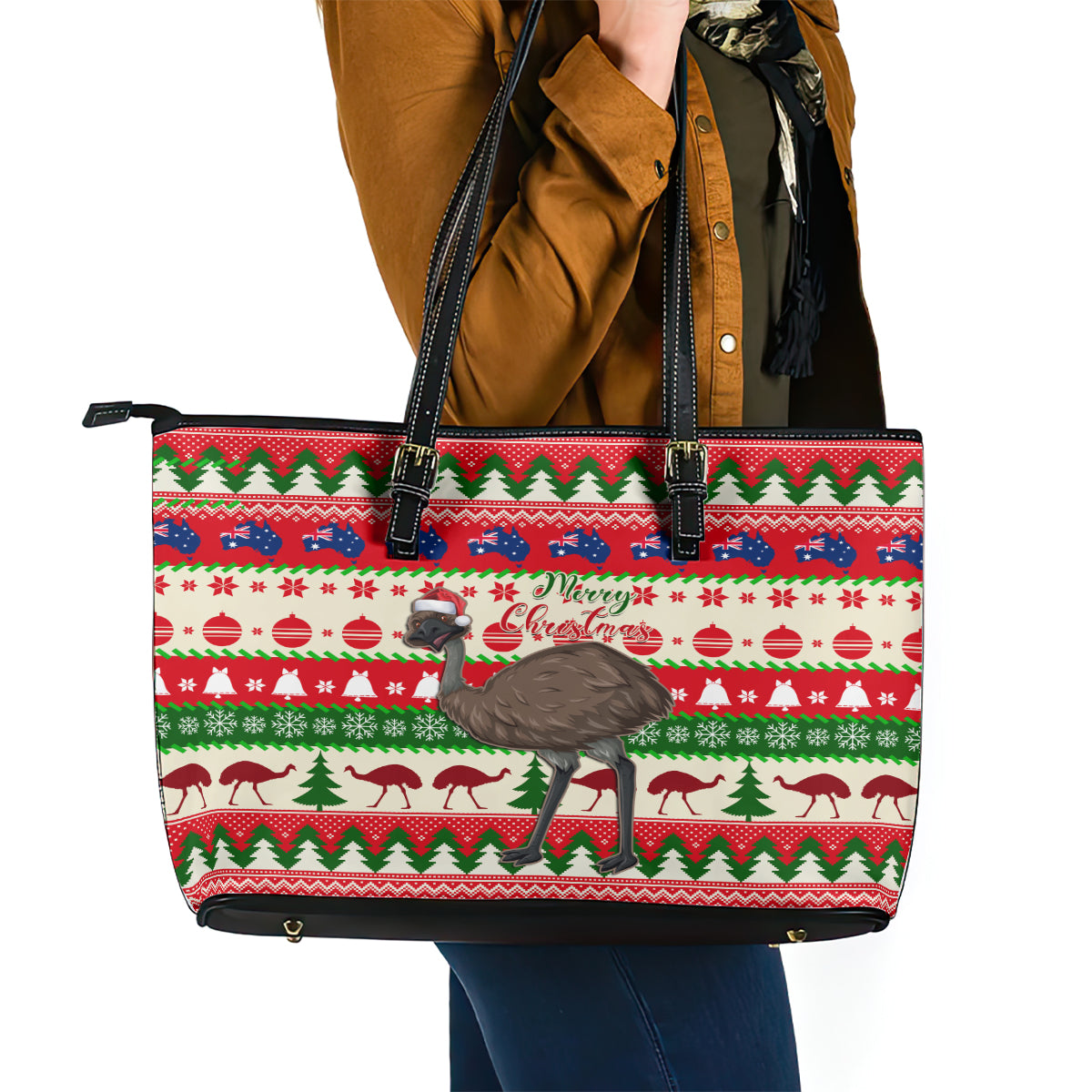 australia-christmas-leather-tote-bag-aussie-emu-santa-merry-xmas