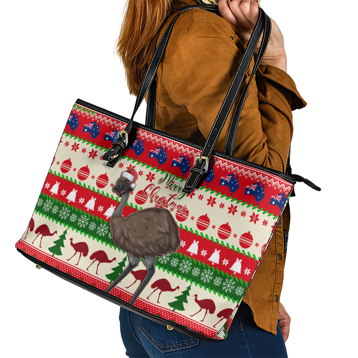 australia-christmas-leather-tote-bag-aussie-emu-santa-merry-xmas