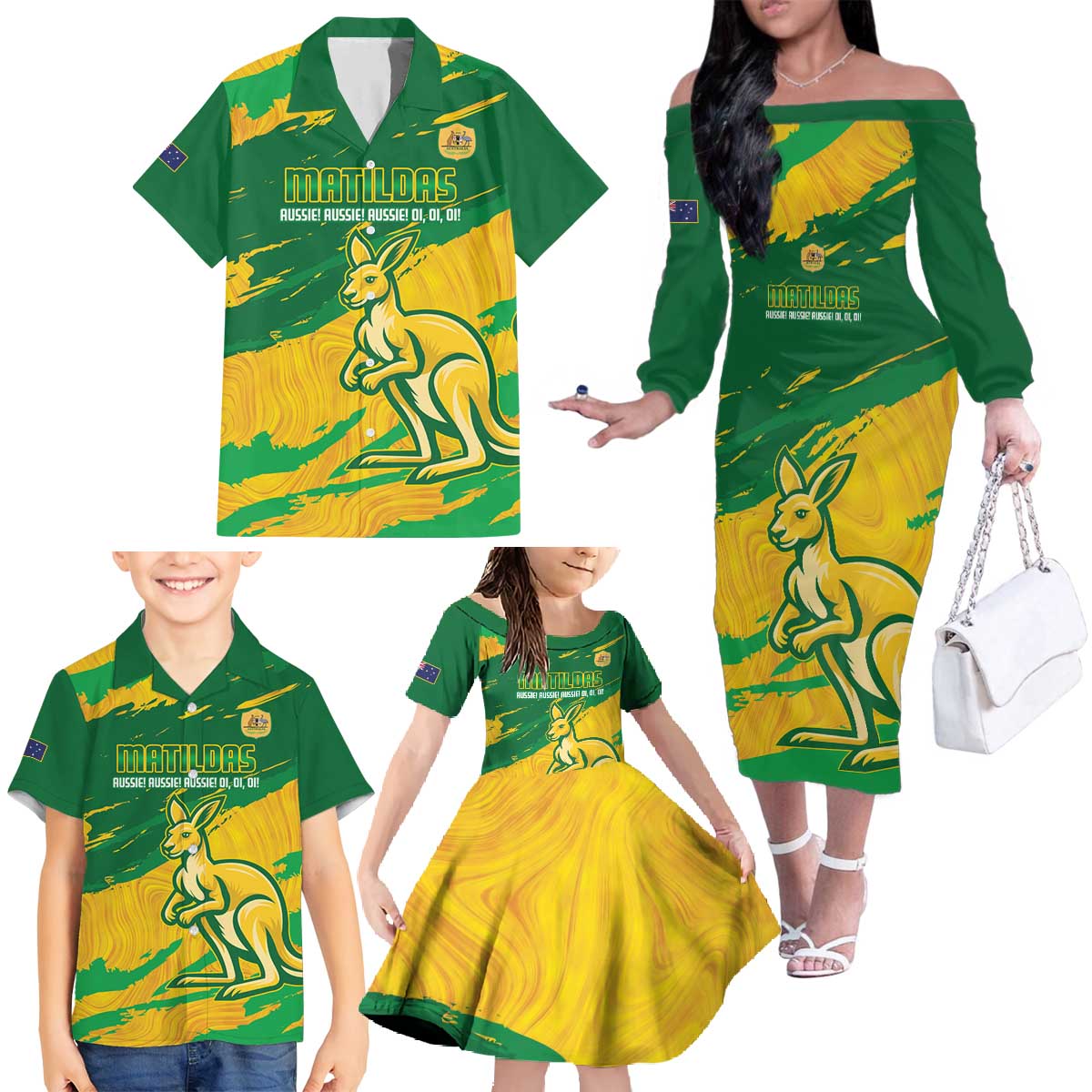 Custom Australia Soccer Family Matching Off The Shoulder Long Sleeve Dress and Hawaiian Shirt 2025 Go Matildas Marble Grunge Style