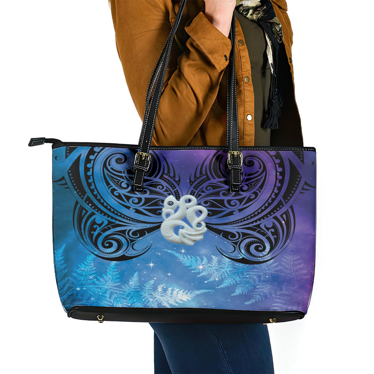 New Zealand Matariki Leather Tote Bag Aotearoa Maori New Year Manaia Galaxy Vibes