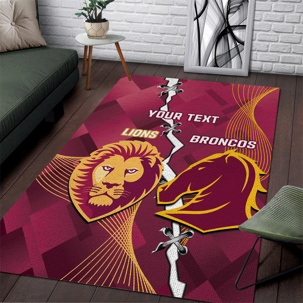 Personalised Lions Football And Broncos Rugby Area Rug Sporty Version