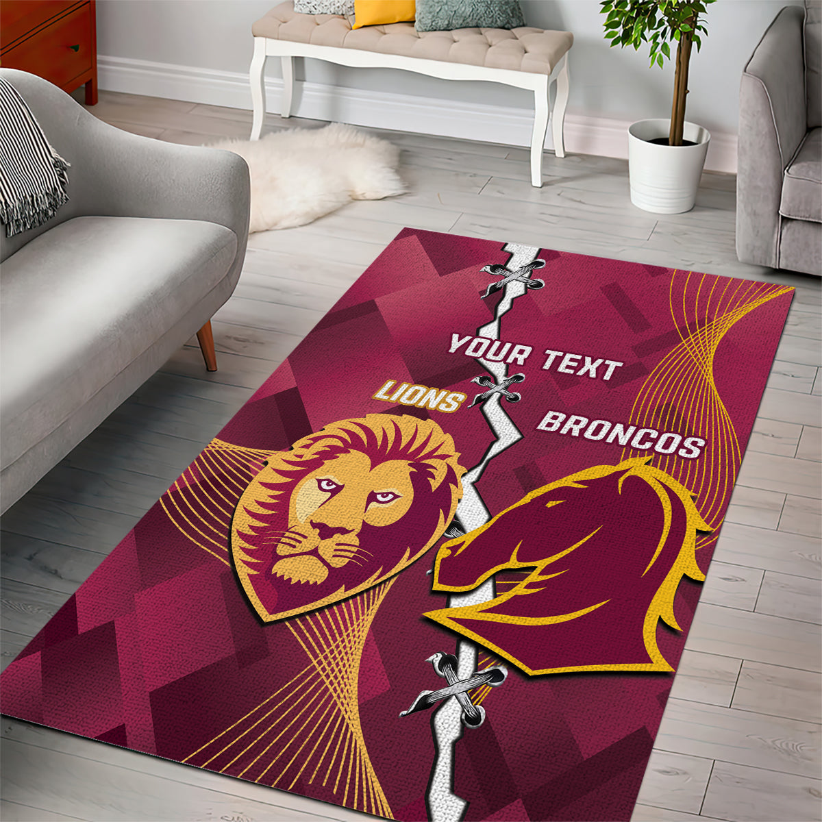 Personalised Lions Football And Broncos Rugby Area Rug Sporty Version