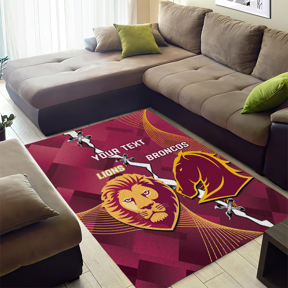 Personalised Lions Football And Broncos Rugby Area Rug Sporty Version