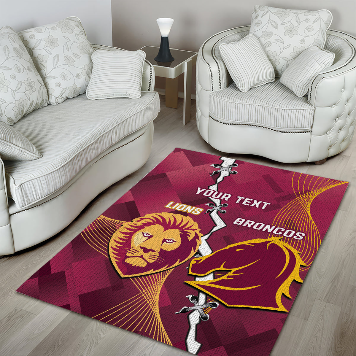 Personalised Lions Football And Broncos Rugby Area Rug Sporty Version