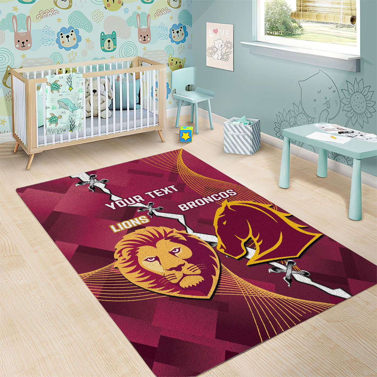 Personalised Lions Football And Broncos Rugby Area Rug Sporty Version