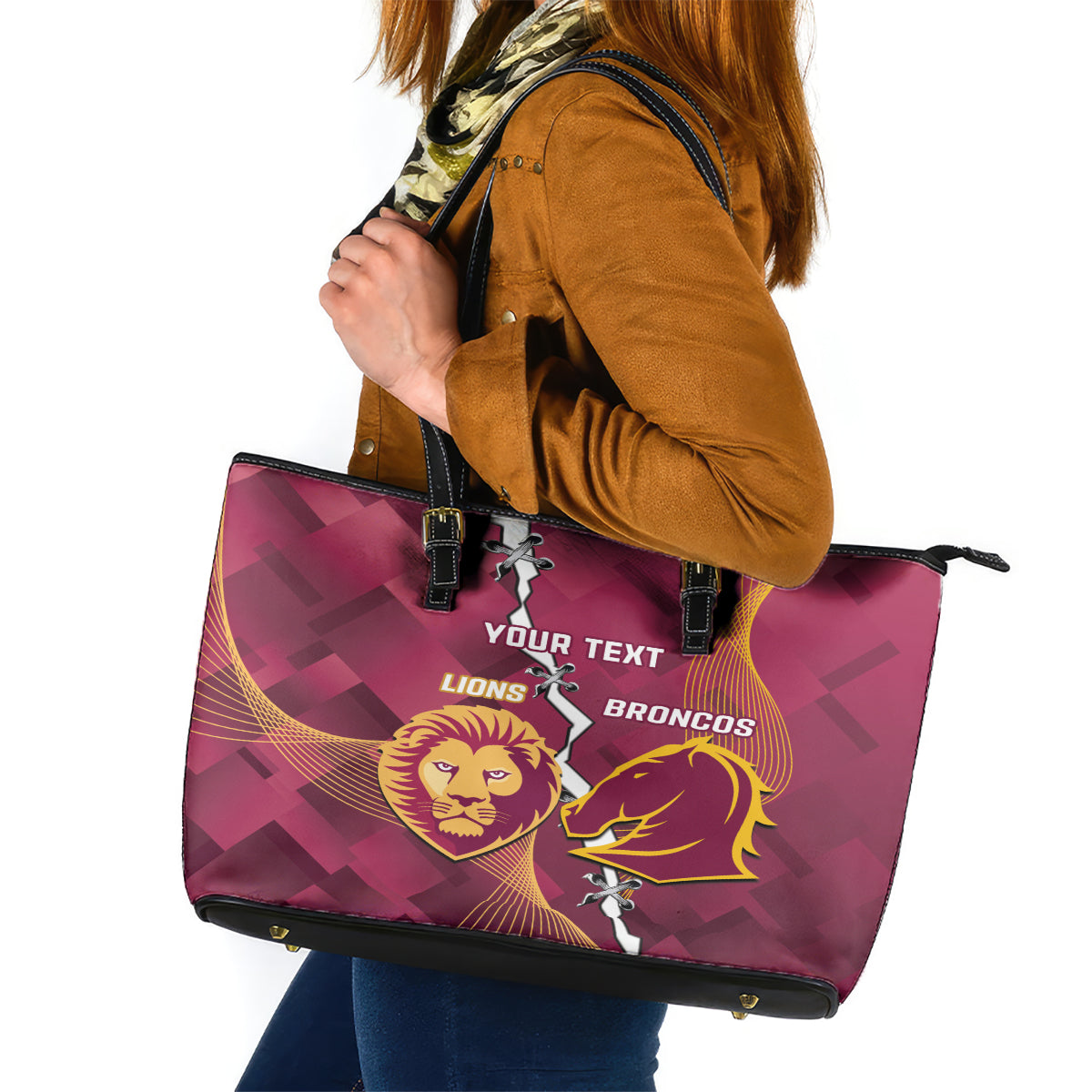 Personalised Lions Football And Broncos Rugby Leather Tote Bag Sporty Version