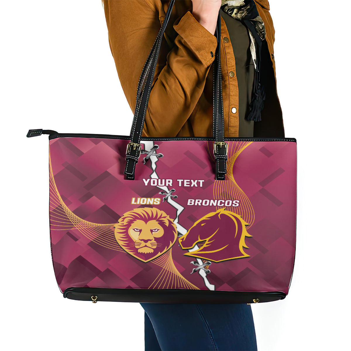 Personalised Lions Football And Broncos Rugby Leather Tote Bag Sporty Version