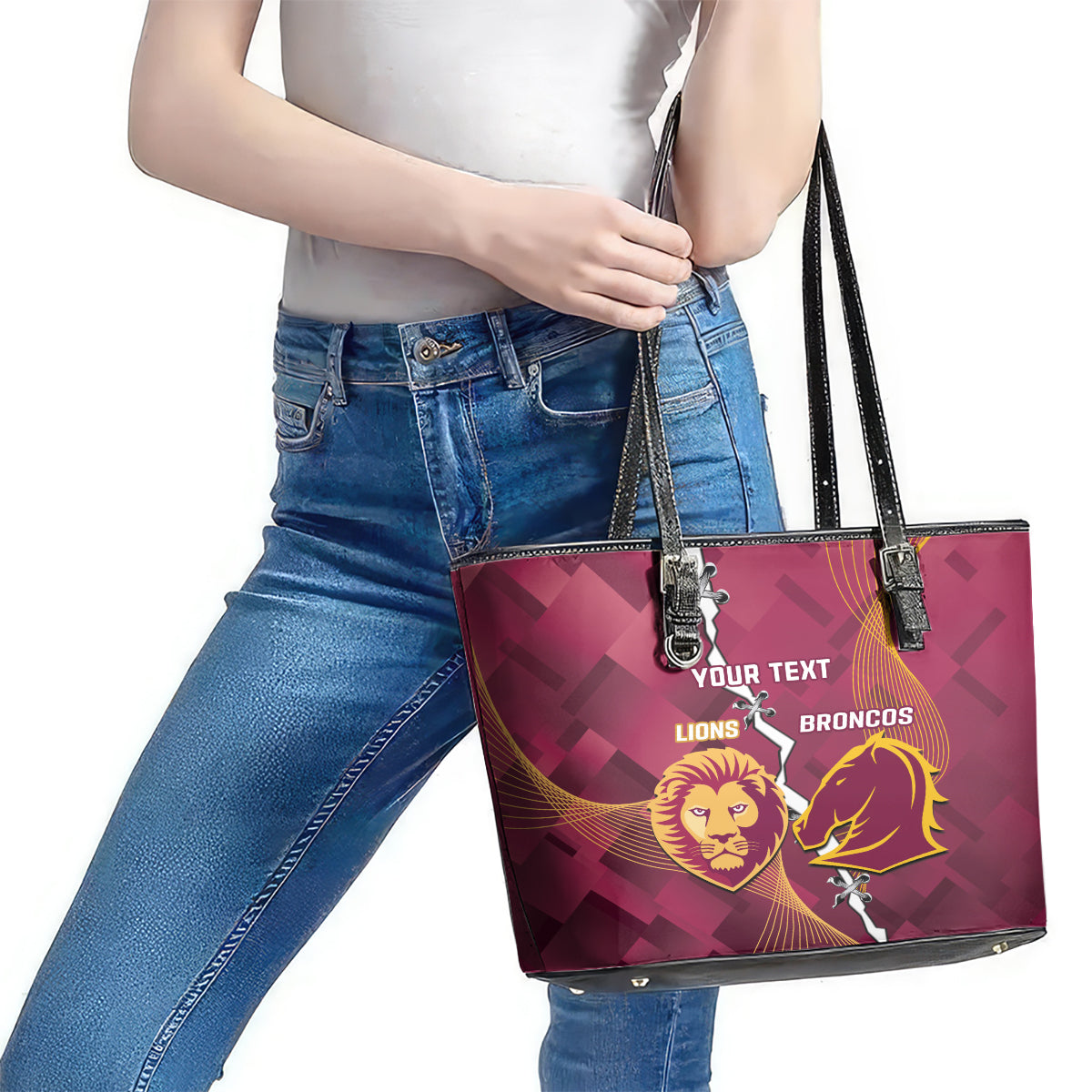 Personalised Lions Football And Broncos Rugby Leather Tote Bag Sporty Version