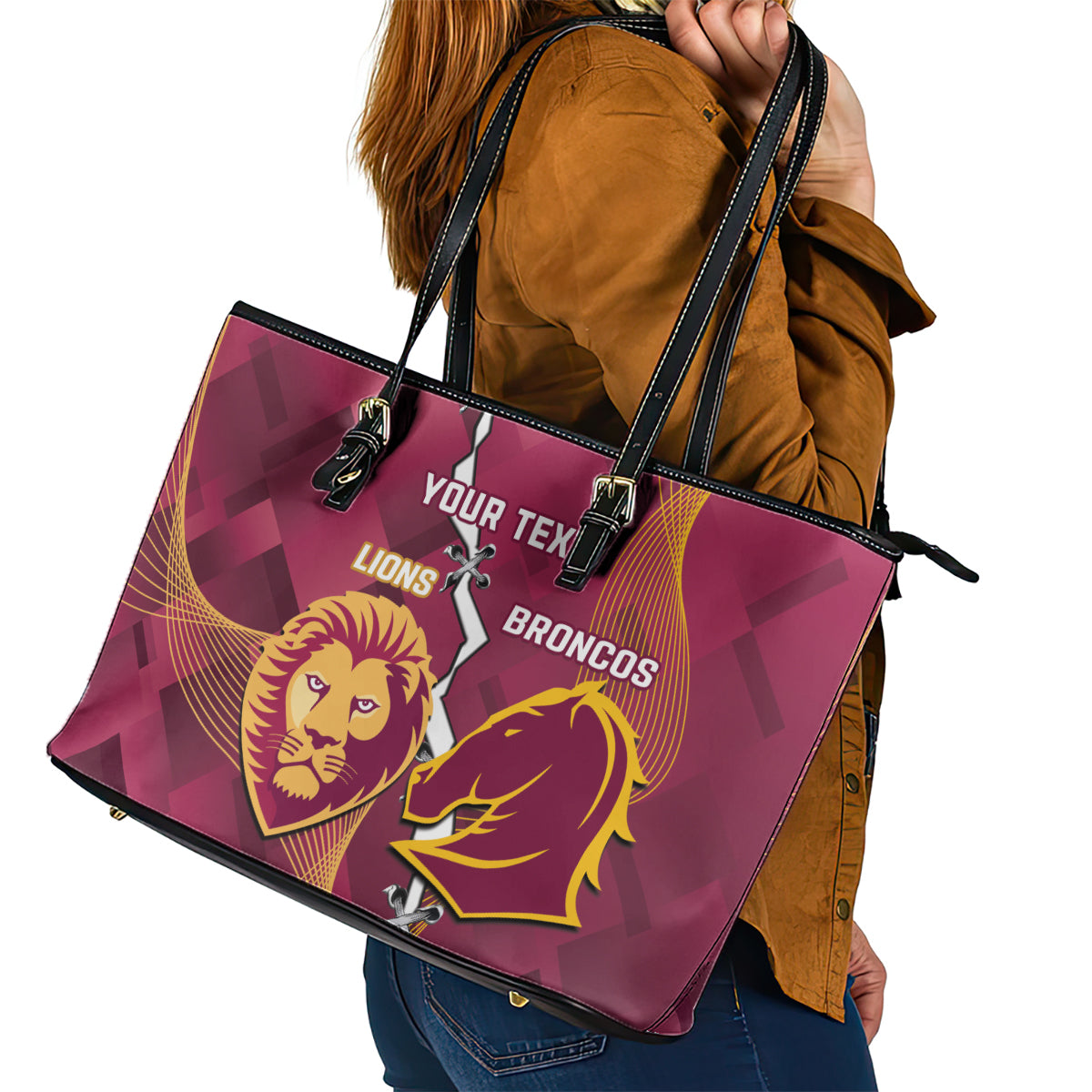 Personalised Lions Football And Broncos Rugby Leather Tote Bag Sporty Version