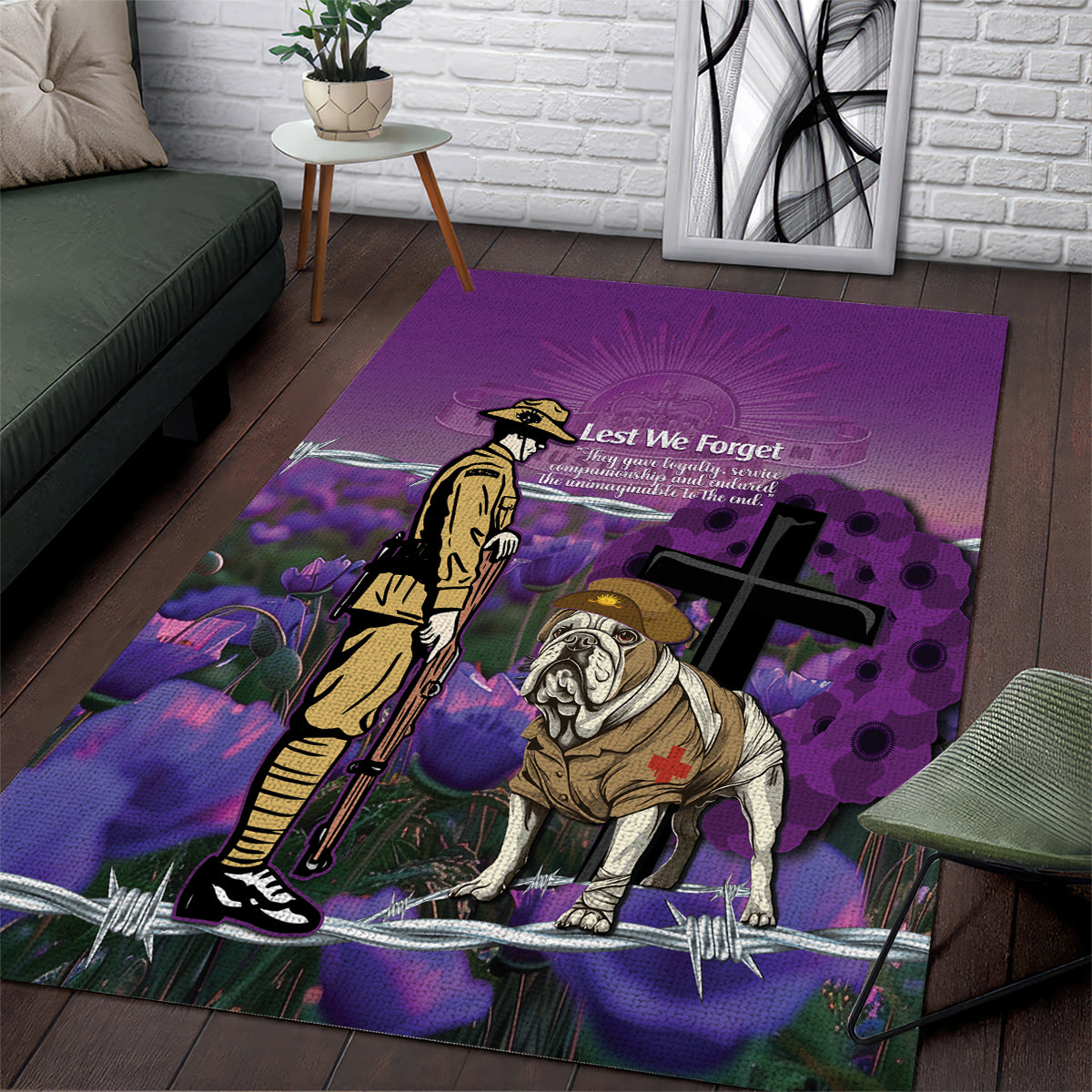 Australia Dog Heroes ANZAC Area Rug Remembering All Animals In War Purple Poppies