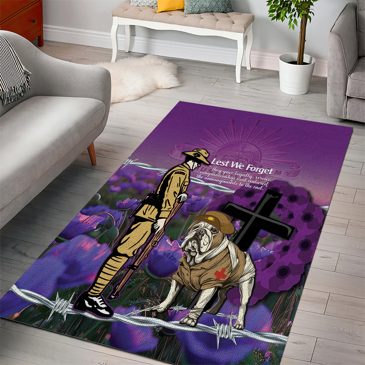 Australia Dog Heroes ANZAC Area Rug Remembering All Animals In War Purple Poppies