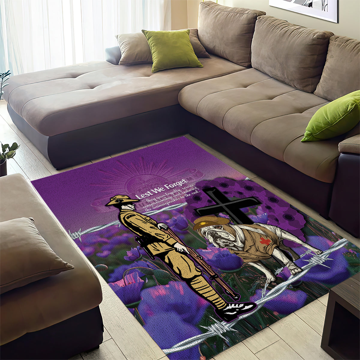 Australia Dog Heroes ANZAC Area Rug Remembering All Animals In War Purple Poppies