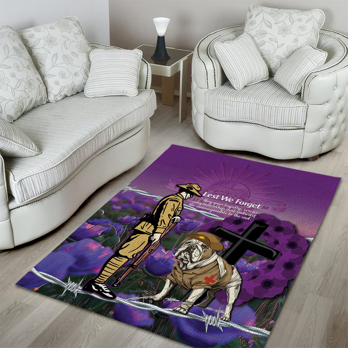 Australia Dog Heroes ANZAC Area Rug Remembering All Animals In War Purple Poppies