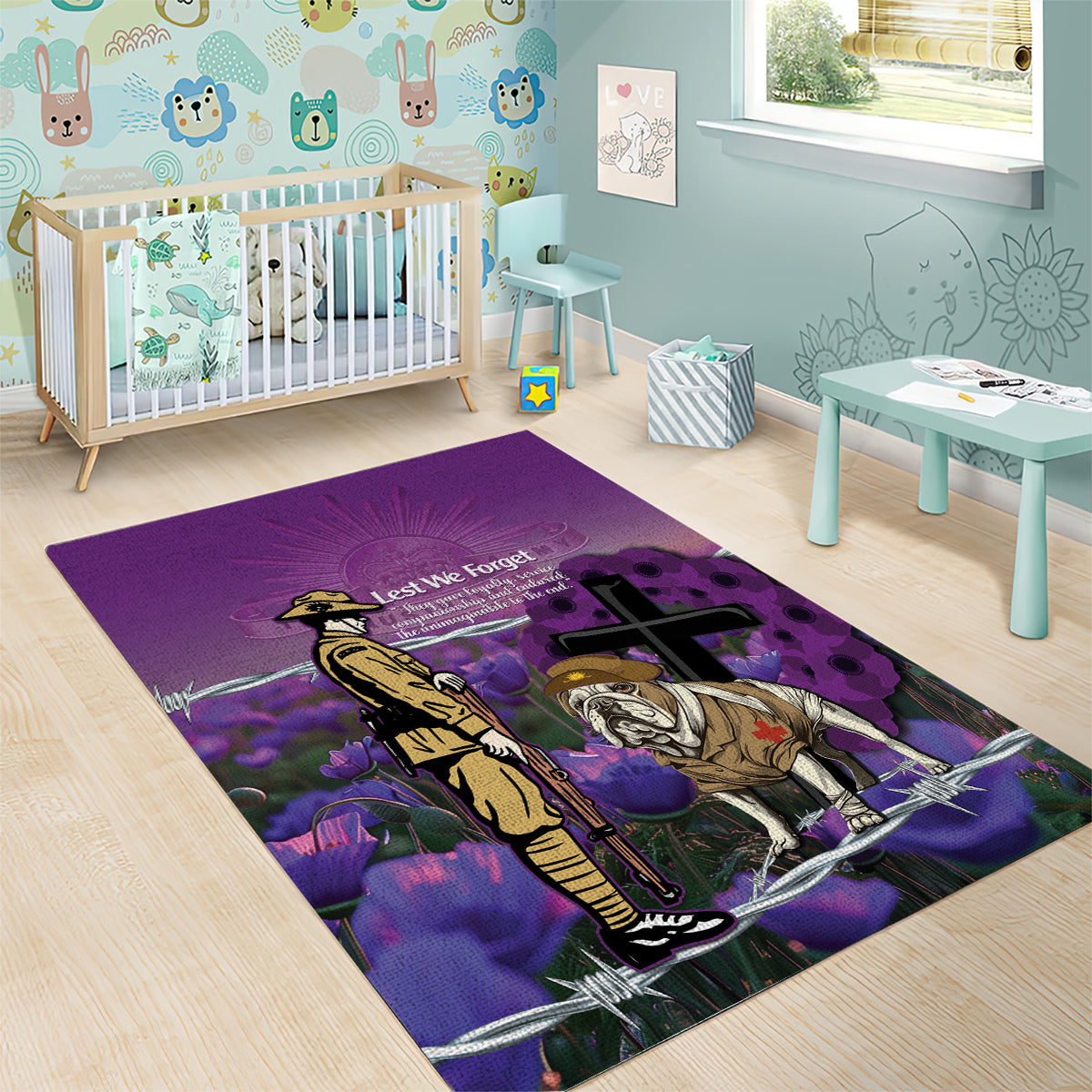 Australia Dog Heroes ANZAC Area Rug Remembering All Animals In War Purple Poppies