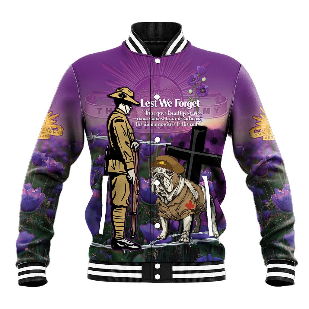 Australia Dog Heroes ANZAC Baseball Jacket Remembering All Animals In War Purple Poppies