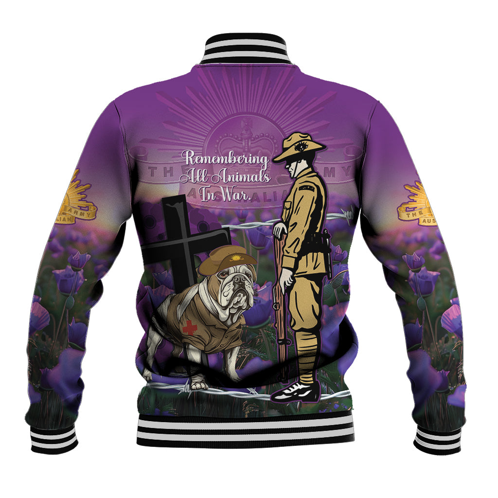 Australia Dog Heroes ANZAC Baseball Jacket Remembering All Animals In War Purple Poppies