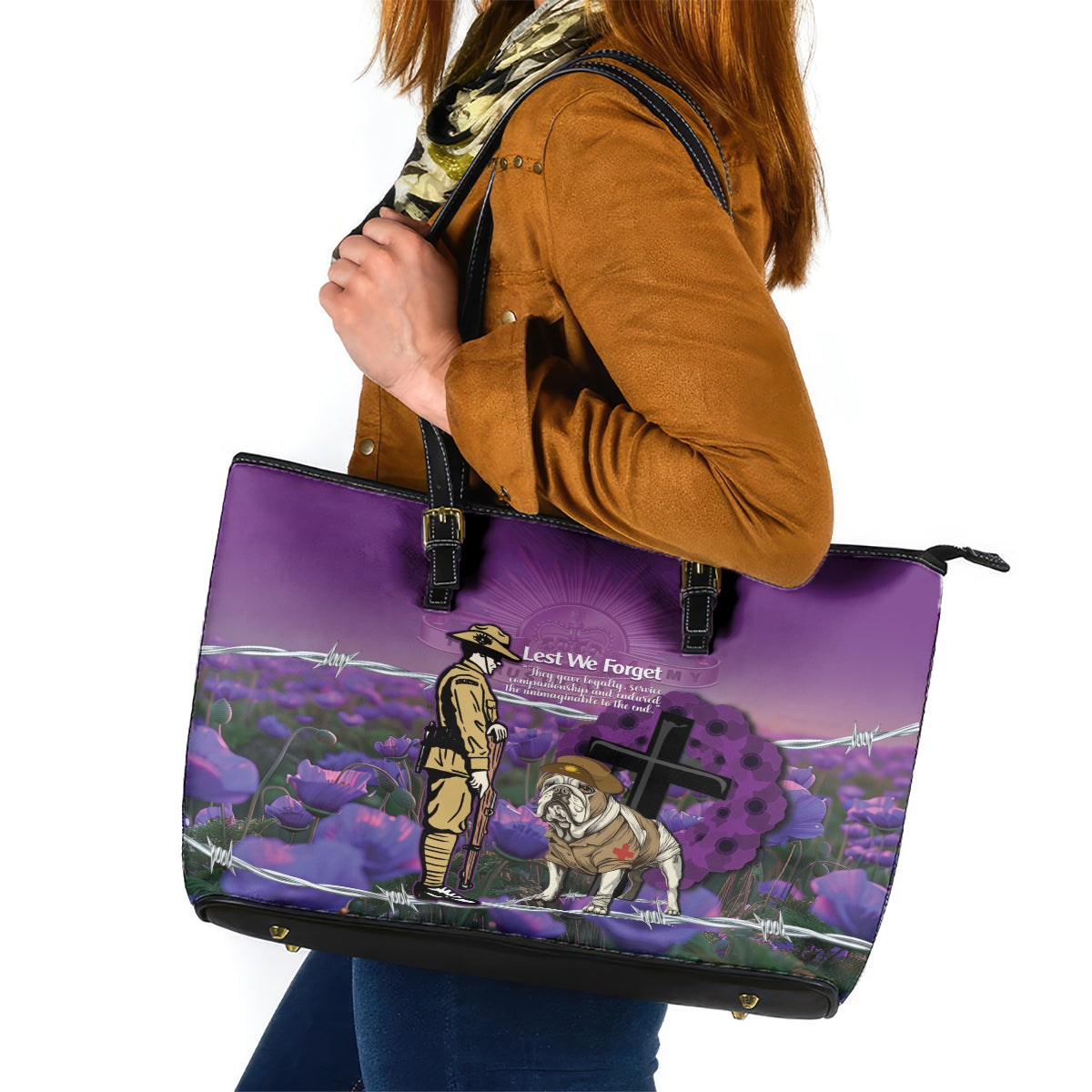 Australia Dog Heroes ANZAC Leather Tote Bag Remembering All Animals In War Purple Poppies