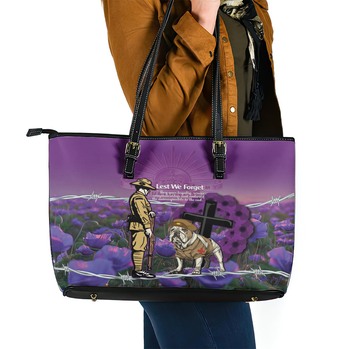 Australia Dog Heroes ANZAC Leather Tote Bag Remembering All Animals In War Purple Poppies