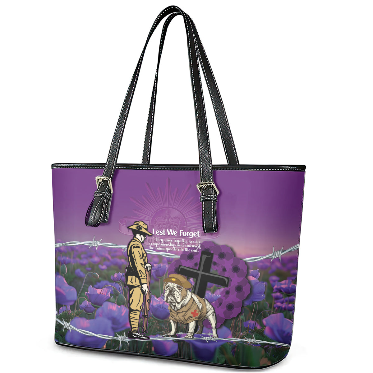 Australia Dog Heroes ANZAC Leather Tote Bag Remembering All Animals In War Purple Poppies