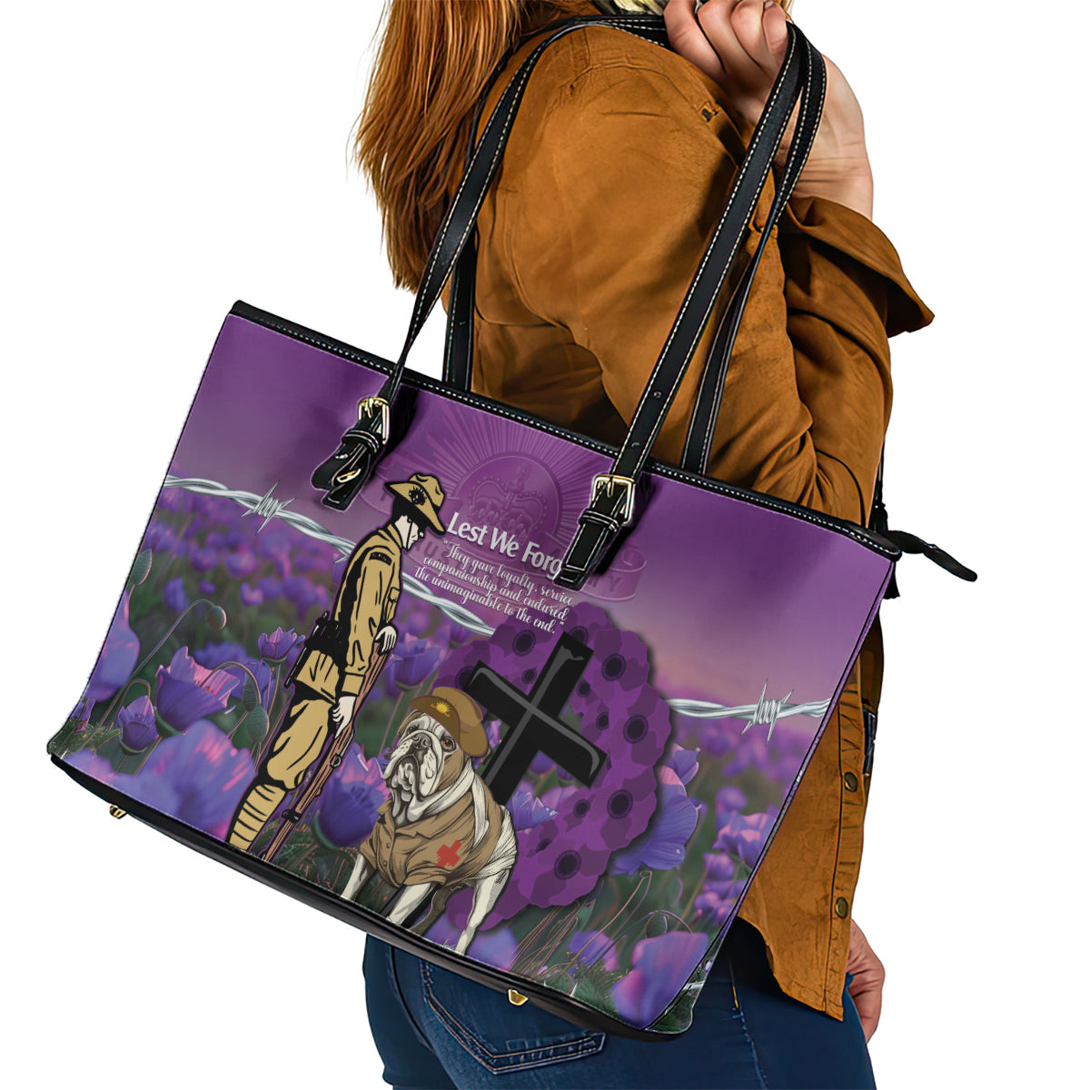 Australia Dog Heroes ANZAC Leather Tote Bag Remembering All Animals In War Purple Poppies